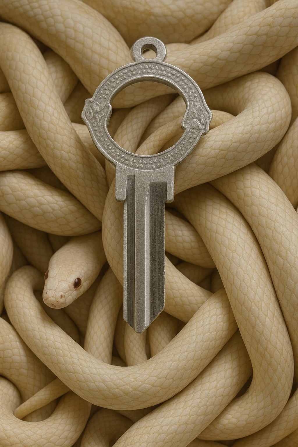Snake Club key — an ornate silver key resting on coiled pale snakes